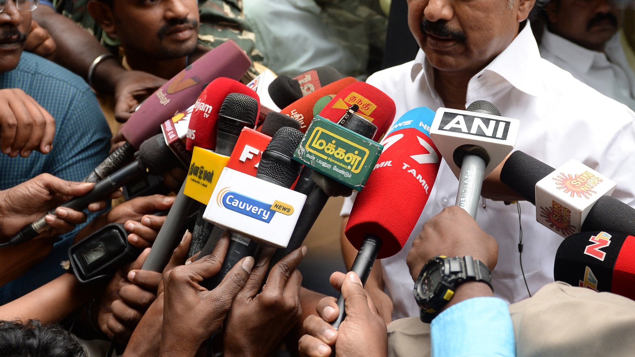 Indian Dravida Munnettra Kazhagam (DMK) party working President MK Stalin talks to media at the home of party leader Karunanidhi in Chennai on December 21, 2017.
India's former telecoms minister was cleared December 21 of his alleged role in a multi-billion dollar rort that ballooned into one of the country's biggest-ever political scandals. A special court in New Delhi acquitted A. Raja of corruption and also dropped charges against a slew of other bureaucrats and corporate executives implicated in the 2008 scandal that cost the state billions in lost revenue. / AFP PHOTO / ARUN SANKAR        (Photo credit should read ARUN SANKAR/AFP/Getty Images)